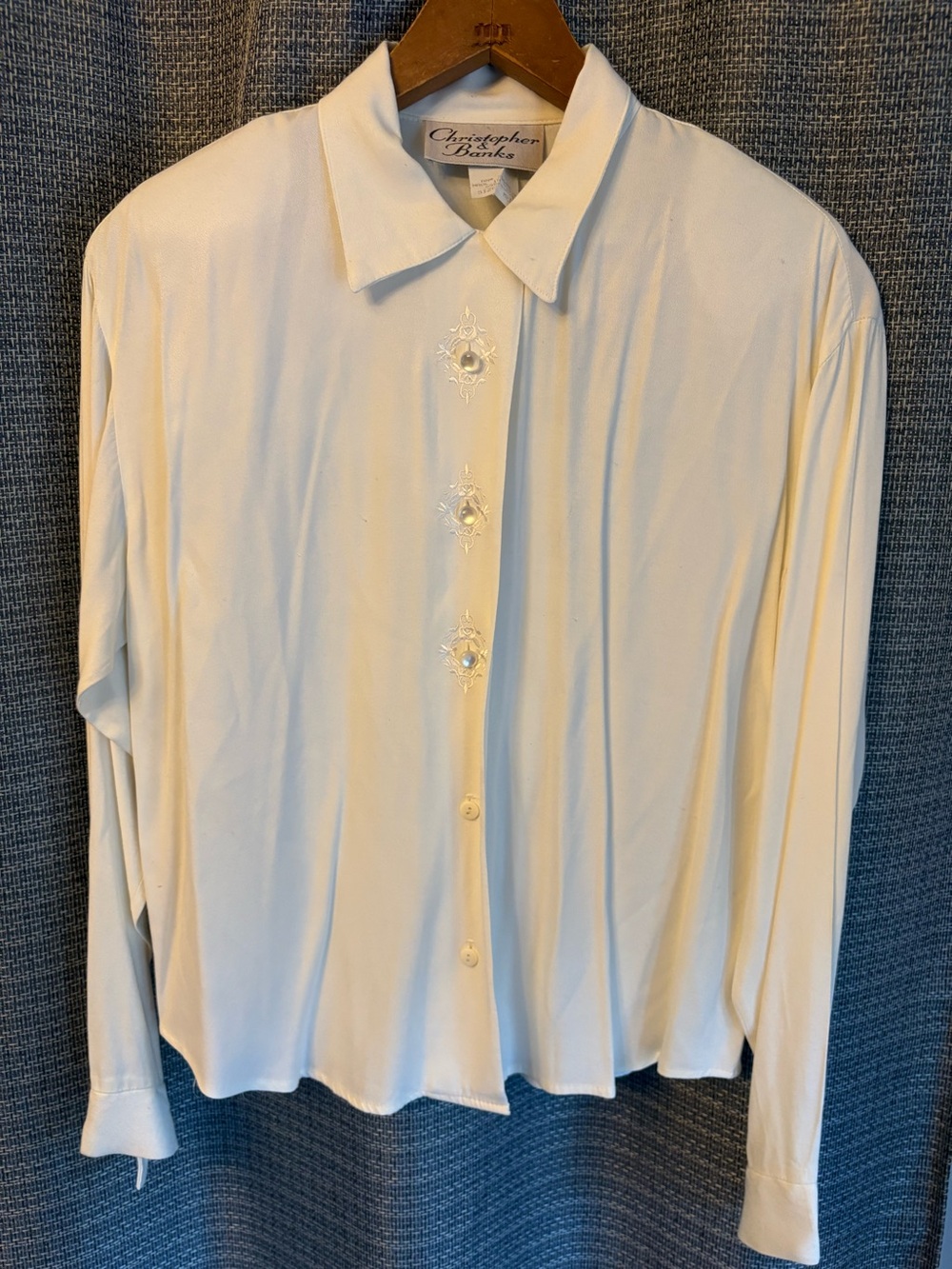 Christopher & Banks Ivory Embroidered Pearl Button Blouse Medium